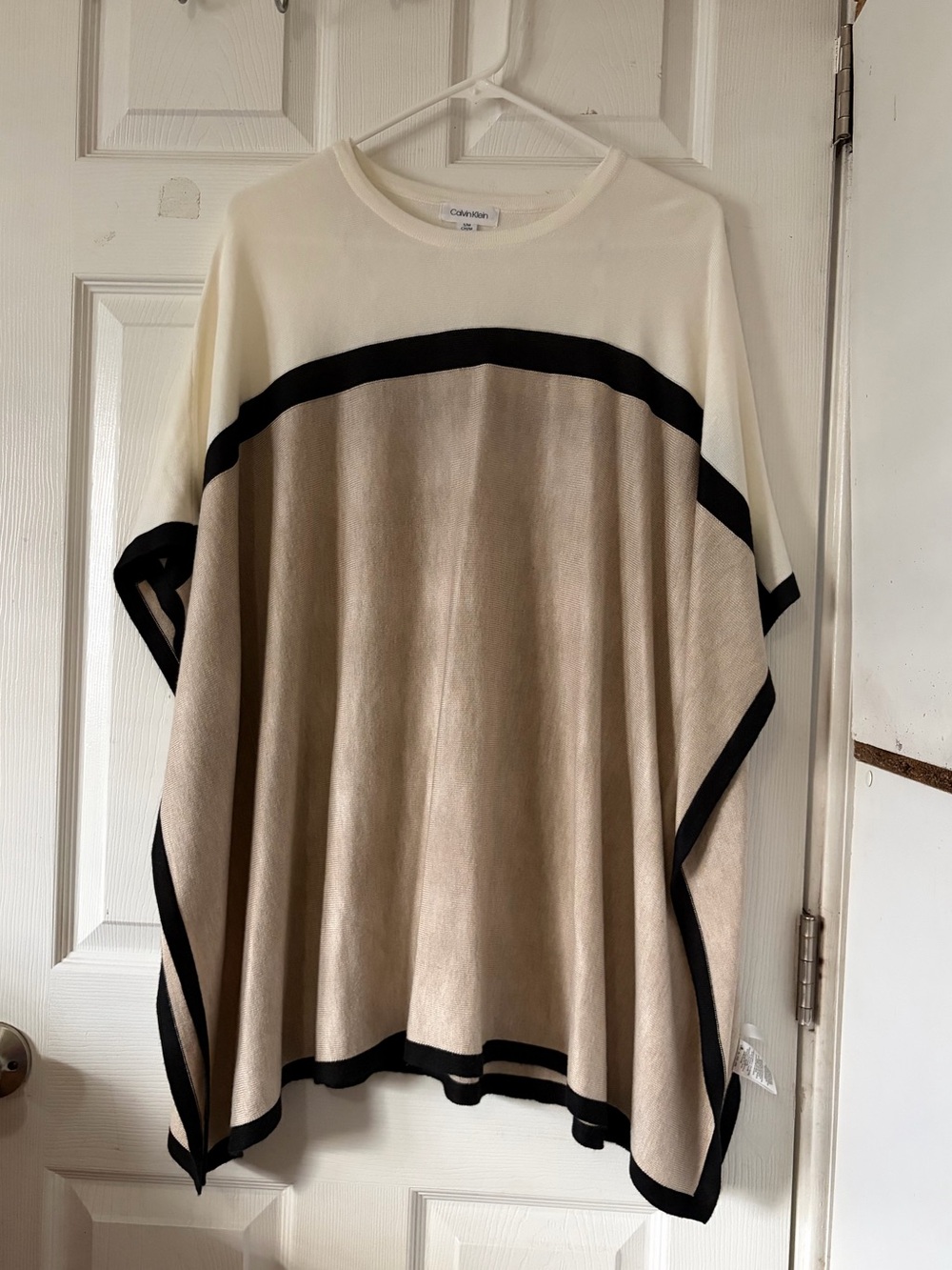 Calvin Klein Cream, Beige and Black Colorblock Poncho Sweater